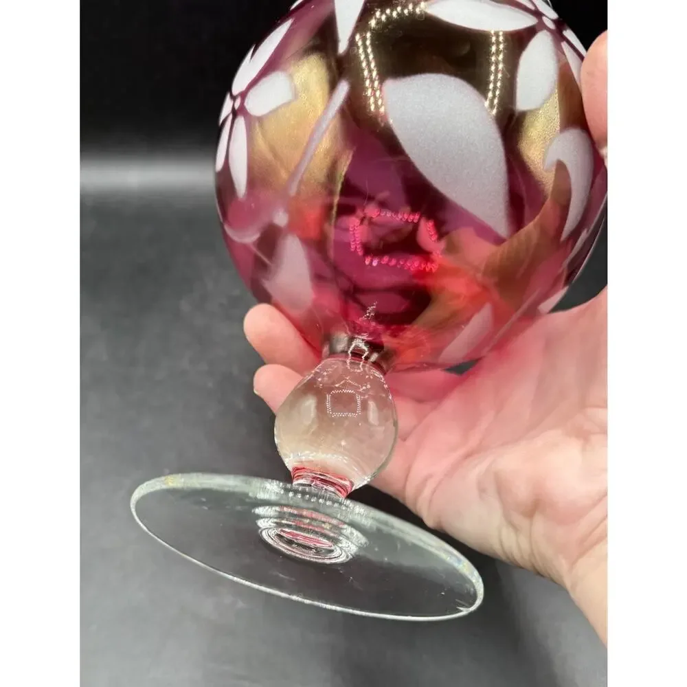 Cranberry Flower Rose Bowl Vase Glass Etched Pedestal Ruffled Rim Vintage